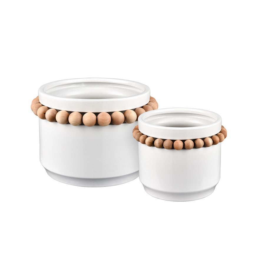 Atlas Lighting Anders Small Vase | Transitional White Earthenware & Natural Wood Beads | Flower Display & Coastal Decor | Model AC11035-01