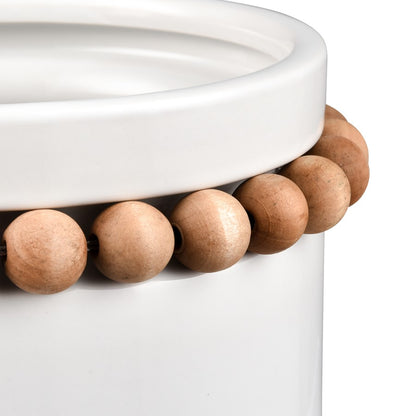 Atlas Lighting Anders Small Vase | Transitional White Earthenware & Natural Wood Beads | Flower Display & Coastal Decor | Model AC11035-01