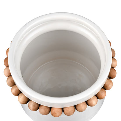 Atlas Lighting Anders Small Vase | Transitional White Earthenware & Natural Wood Beads | Flower Display & Coastal Decor | Model AC11035-01