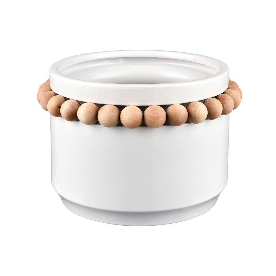 Atlas Lighting Anders Large Vase | Glossy White Earthenware with Natural Wood Beads | Coastal Living Room & Entryway Decor | Model AC11035-02