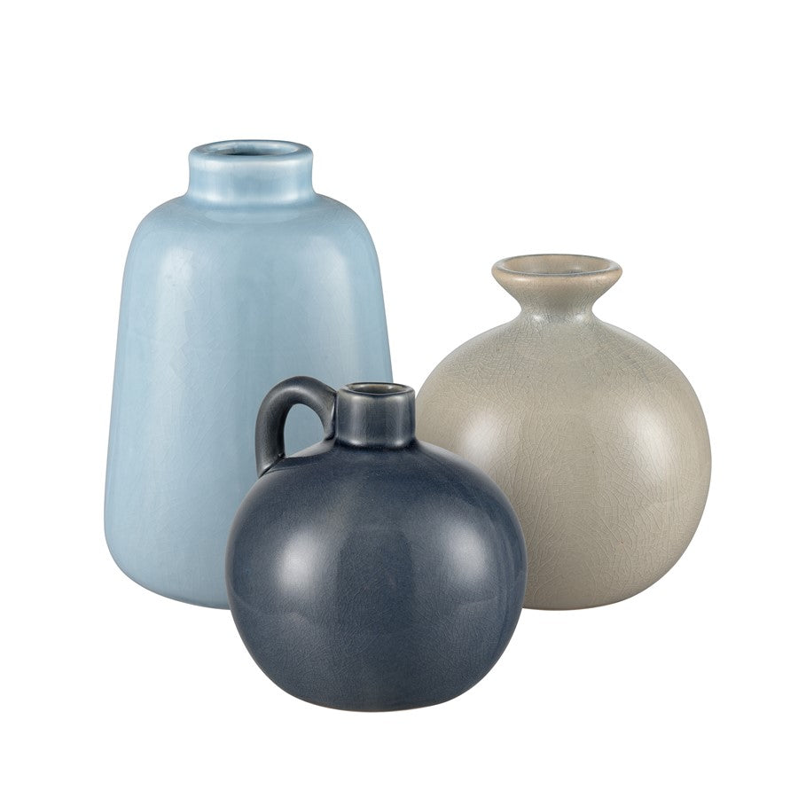 Atlas Lighting Andra Vase Set of 3 | Light Blue & Gray Crackle Glaze Earthenware | Modern Living Room & Shelf Decor | Model AC11036-01S