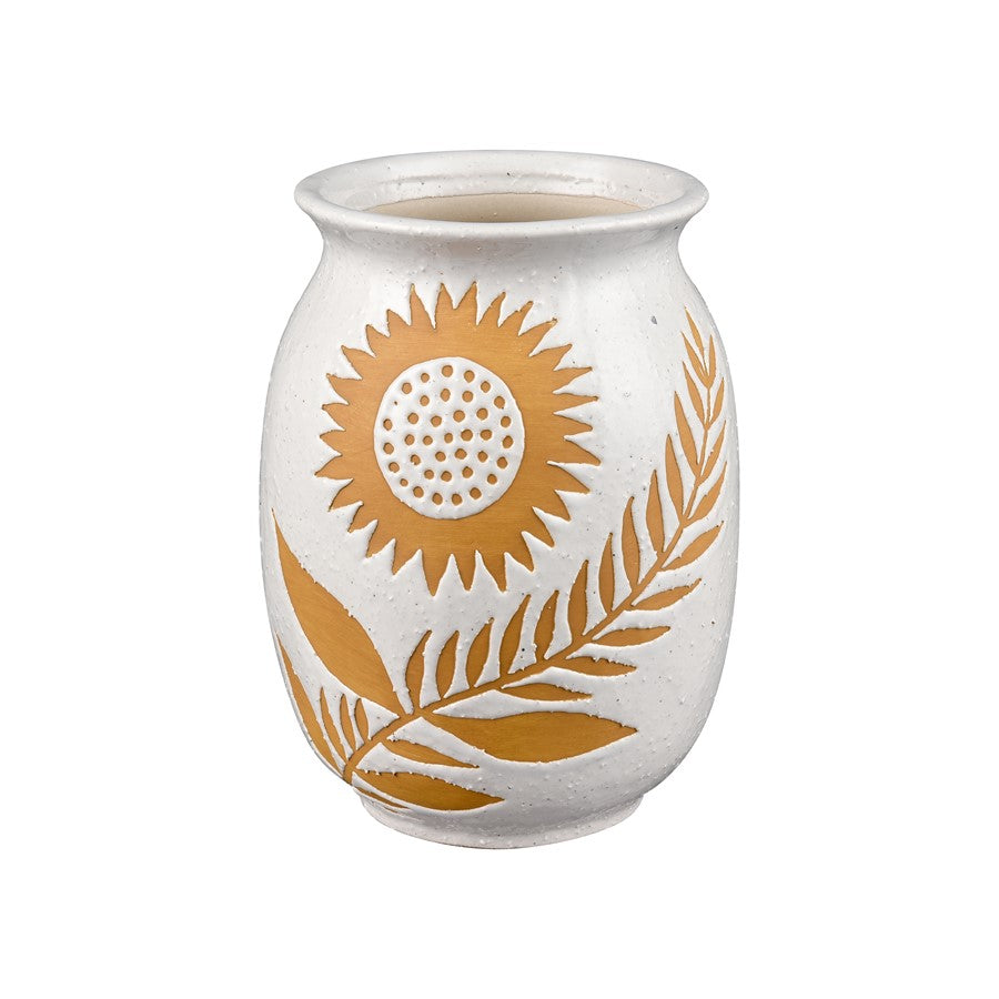 Atlas Lighting Annie Medium Vase 8.5in | White Earthenware with Sunflower Motif | Living Room & Entryway Decor | Model AC11040-01