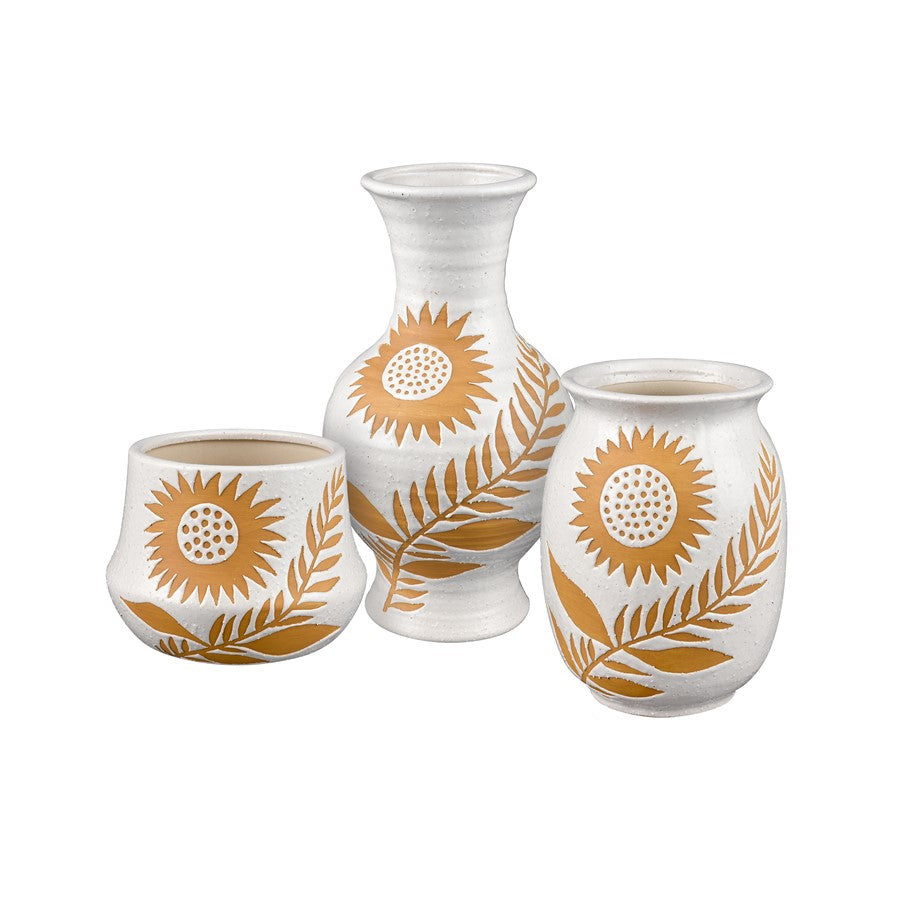 Atlas Lighting Annie Small Vase 5.25in | White Earthenware with Sunflower Motif | Shelf & Tabletop Decor | 7.25 x 7.25 x 5.25 in | Model AC11041-01
