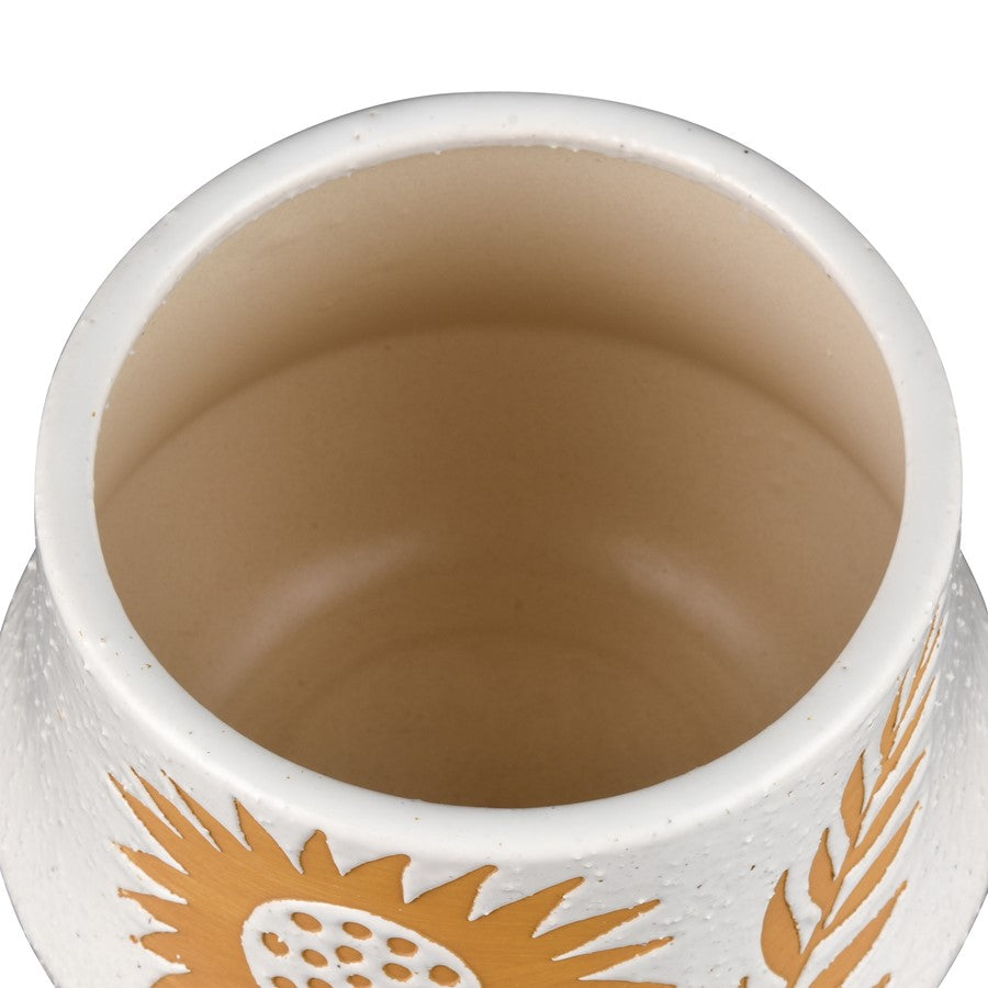 Atlas Lighting Annie Small Vase 5.25in | White Earthenware with Sunflower Motif | Shelf & Tabletop Decor | 7.25 x 7.25 x 5.25 in | Model AC11041-01