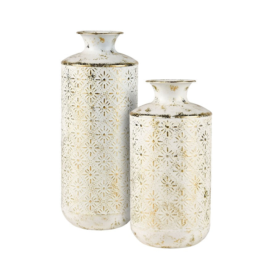 Atlas Lighting Ardoz Vase Set of 2 | Antique White & Gold Metal | Traditional Farmhouse Decor | 6.25 x 6.25 x 16 in | Model AC11050-01S