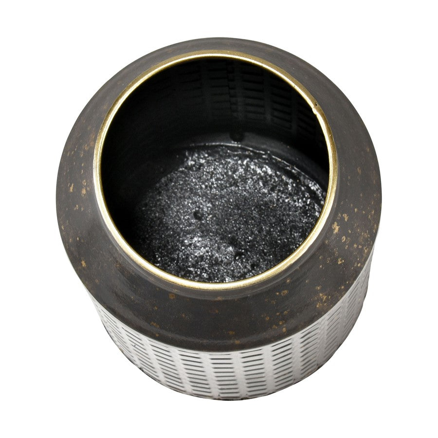 Atlas Armil Small Black & Gold Metal Vase | Etched Square Pattern | Modern Shelf & Table Decor | 6 x 6 x 10 in | Model AC11052-01