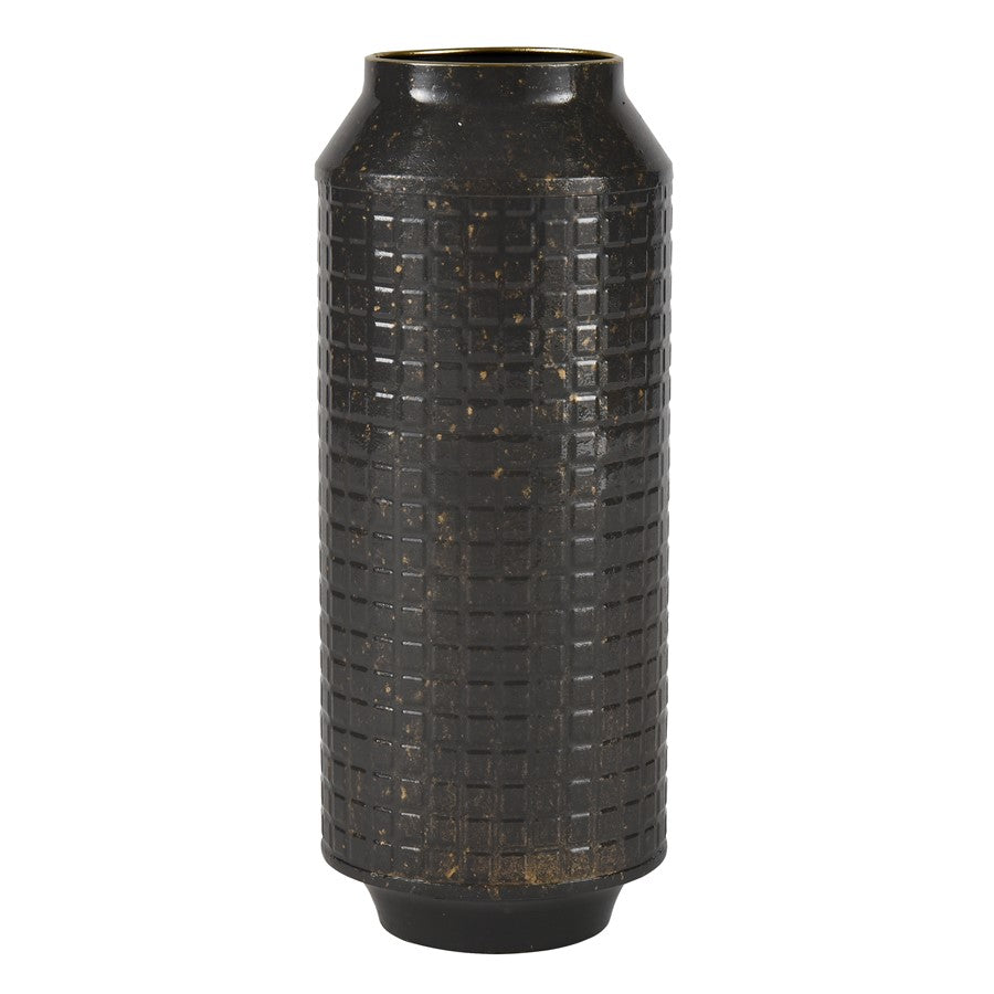 Atlas Armil Large Black & Gold Metal Vase | Etched Square Pattern | Modern Floor & Table Decor | 6 x 6 x 15.75 in | Model AC11052-02