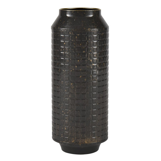 Atlas Armil Large Black & Gold Metal Vase | Etched Square Pattern | Modern Floor & Table Decor | 6 x 6 x 15.75 in | Model AC11052-02