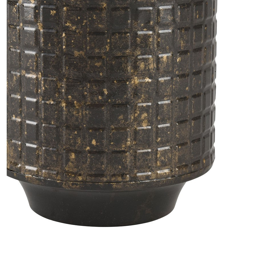 Atlas Armil Large Black & Gold Metal Vase | Etched Square Pattern | Modern Floor & Table Decor | 6 x 6 x 15.75 in | Model AC11052-02