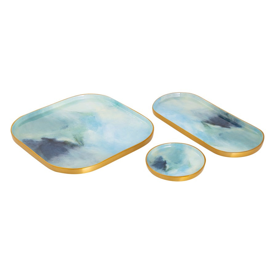 Atlas Lighting Leonard Aura 14in Set of 3 Serving Trays | Light Blue Enamel with Brushed Brass | Coffee Table & Entertaining | Model AC11064-01S