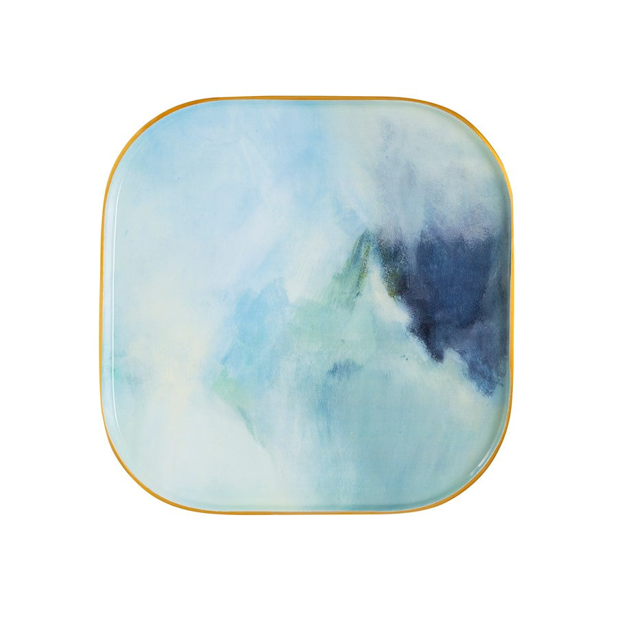 Atlas Lighting Leonard Aura 14in Set of 3 Serving Trays | Light Blue Enamel with Brushed Brass | Coffee Table & Entertaining | Model AC11064-01S