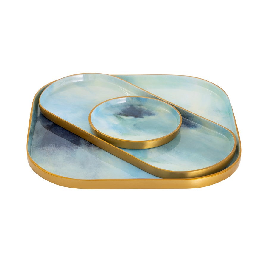 Atlas Lighting Leonard Aura 14in Set of 3 Serving Trays | Light Blue Enamel with Brushed Brass | Coffee Table & Entertaining | Model AC11064-01S