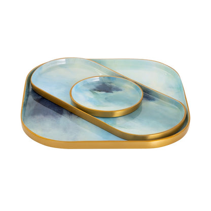 Atlas Lighting Leonard Aura 14in Set of 3 Serving Trays | Light Blue Enamel with Brushed Brass | Coffee Table & Entertaining | Model AC11064-01S