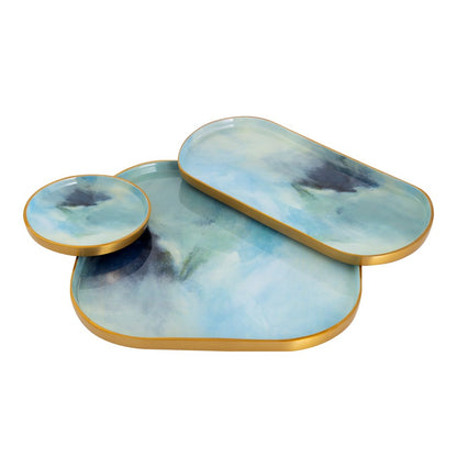 Atlas Lighting Leonard Aura 14in Set of 3 Serving Trays | Light Blue Enamel with Brushed Brass | Coffee Table & Entertaining | Model AC11064-01S