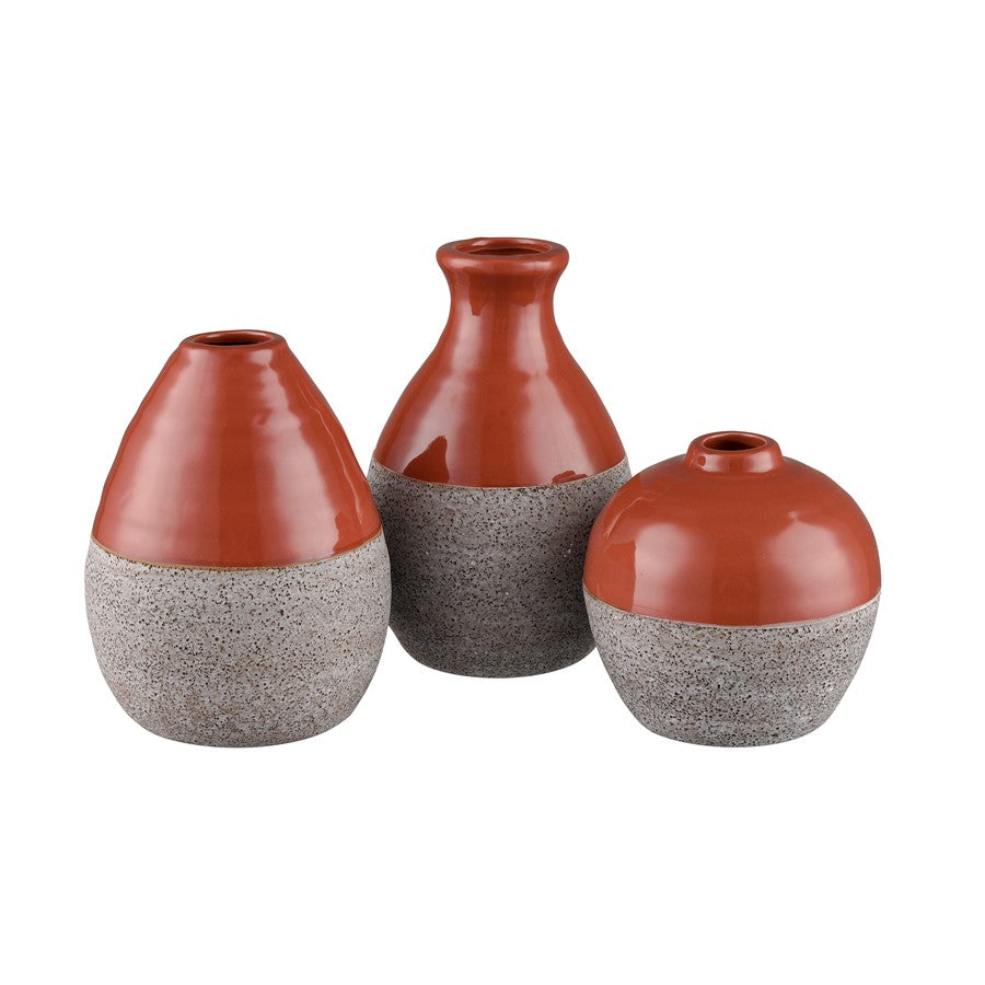 Atlas Lighting Baer 4in Set of 3 Bud Vases | Brick Red & Stone Gray Earthenware | Shelf & Tabletop Decor | 4 x 4 x 6 in | Model AC11065-01S
