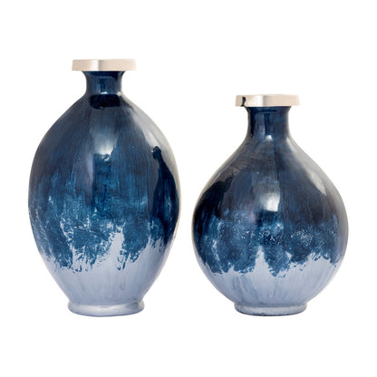 Atlas Lighting Bahama Small Vase | Blue Ombre Glass with Nickel Rim | Living Room & Entryway Decor | 8 x 8 x 12 in | Model AC11066-01