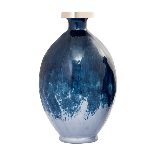 Atlas Lighting Bahama Medium Vase | Blue Ombre Glass with Nickel Rim | Living Room & Entryway Decor | 8 x 8 x 13.5 in | Model AC11066-02