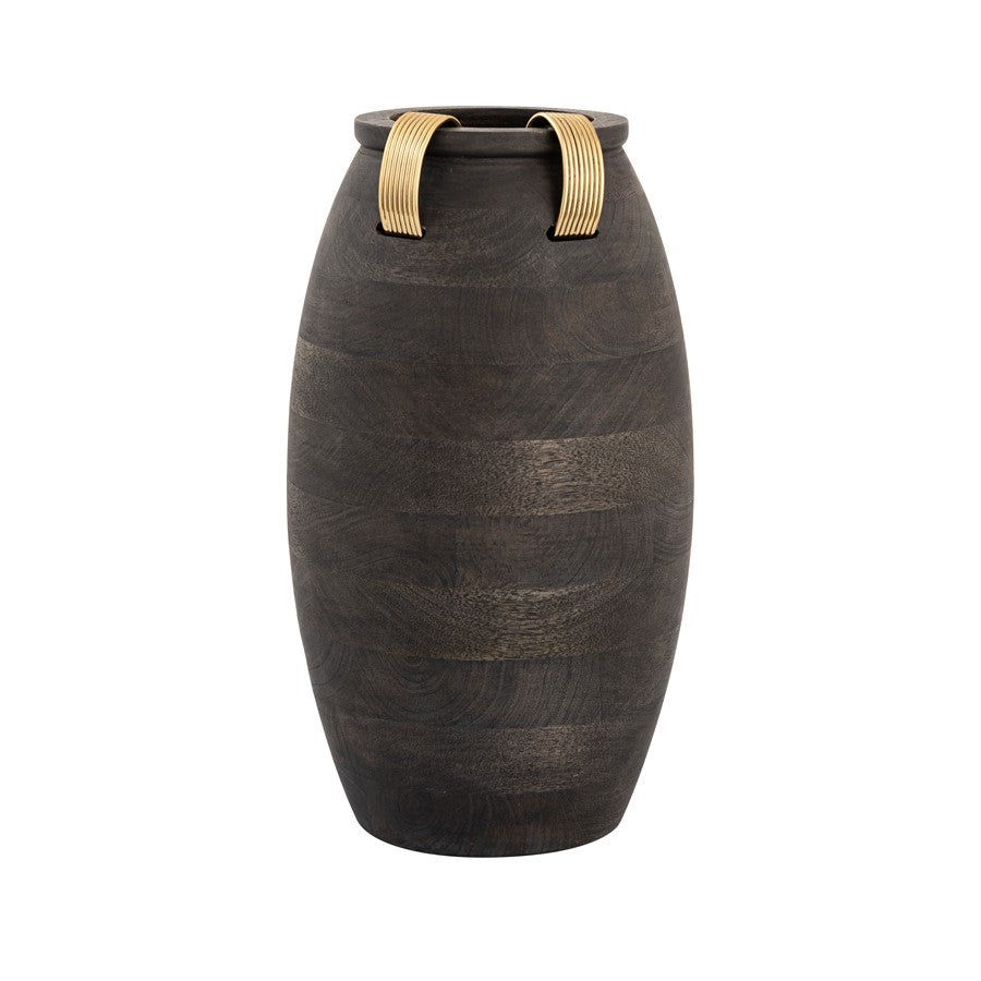 Atlas Lighting Barone 16in Ebonized Wood Vase | Modern Contemporary with Brass Cuffs | Living Room & Entryway Decor | 9 x 9 x 16 in | Model AC11074-01
