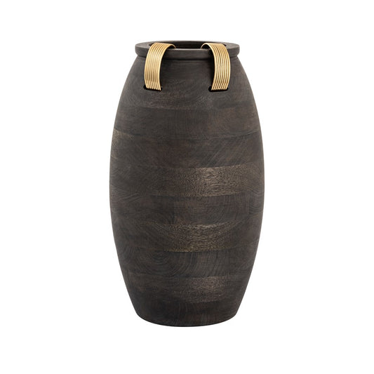 Atlas Lighting Barone 16in Ebonized Wood Vase | Modern Contemporary with Brass Cuffs | Living Room & Entryway Decor | 9 x 9 x 16 in | Model AC11074-01