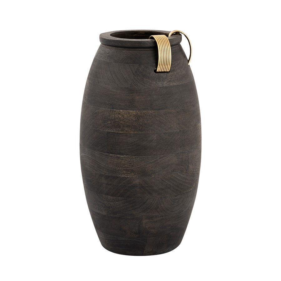 Atlas Lighting Barone 16in Ebonized Wood Vase | Modern Contemporary with Brass Cuffs | Living Room & Entryway Decor | 9 x 9 x 16 in | Model AC11074-01