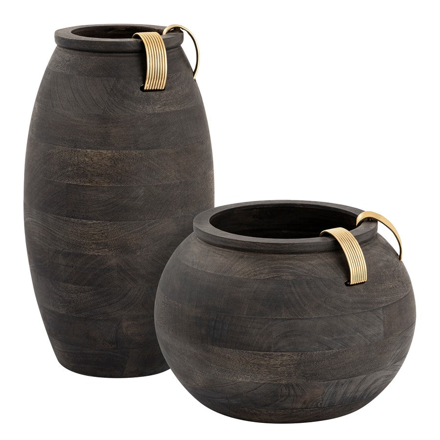 Atlas Lighting Barone 16in Ebonized Wood Vase | Modern Contemporary with Brass Cuffs | Living Room & Entryway Decor | 9 x 9 x 16 in | Model AC11074-01