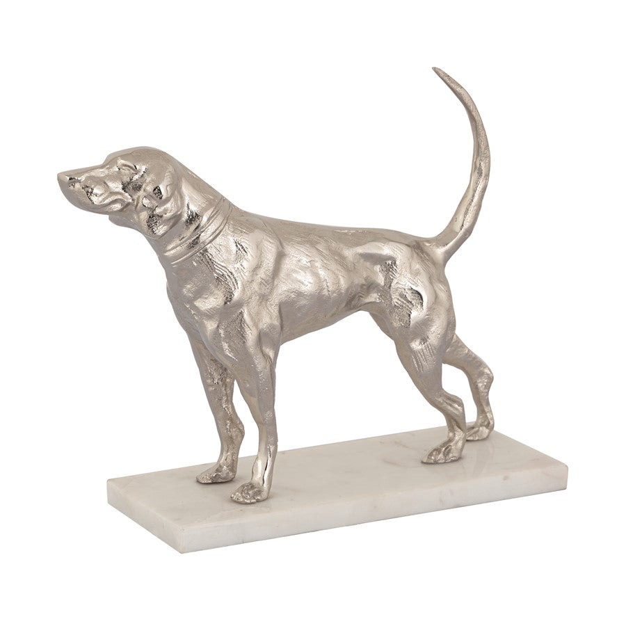 Atlas Lighting Bergie Dog Sculpture | Nickel Aluminum on Marble Base | Bookshelf & Mantel Decor | 12 x 3.25 x 10 in | Model AC11093-01