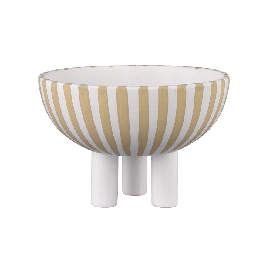 Atlas Lighting Booth Large Striped Bowl | Modern White & Beige Earthenware | Entryway & Coffee Table Decor | 6.25 x 6.25 x 4.25 in | Model AC11113-02