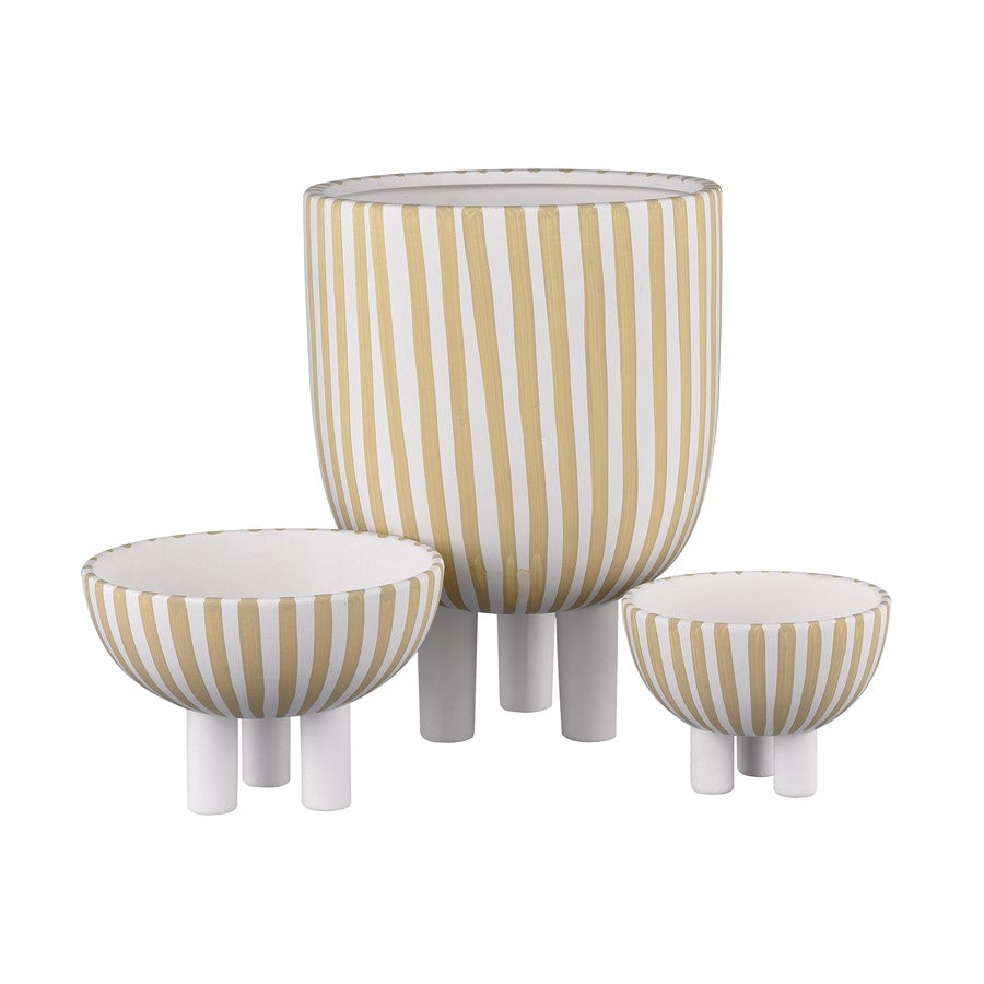 Atlas Lighting Booth Large Striped Bowl | Modern White & Beige Earthenware | Entryway & Coffee Table Decor | 6.25 x 6.25 x 4.25 in | Model AC11113-02