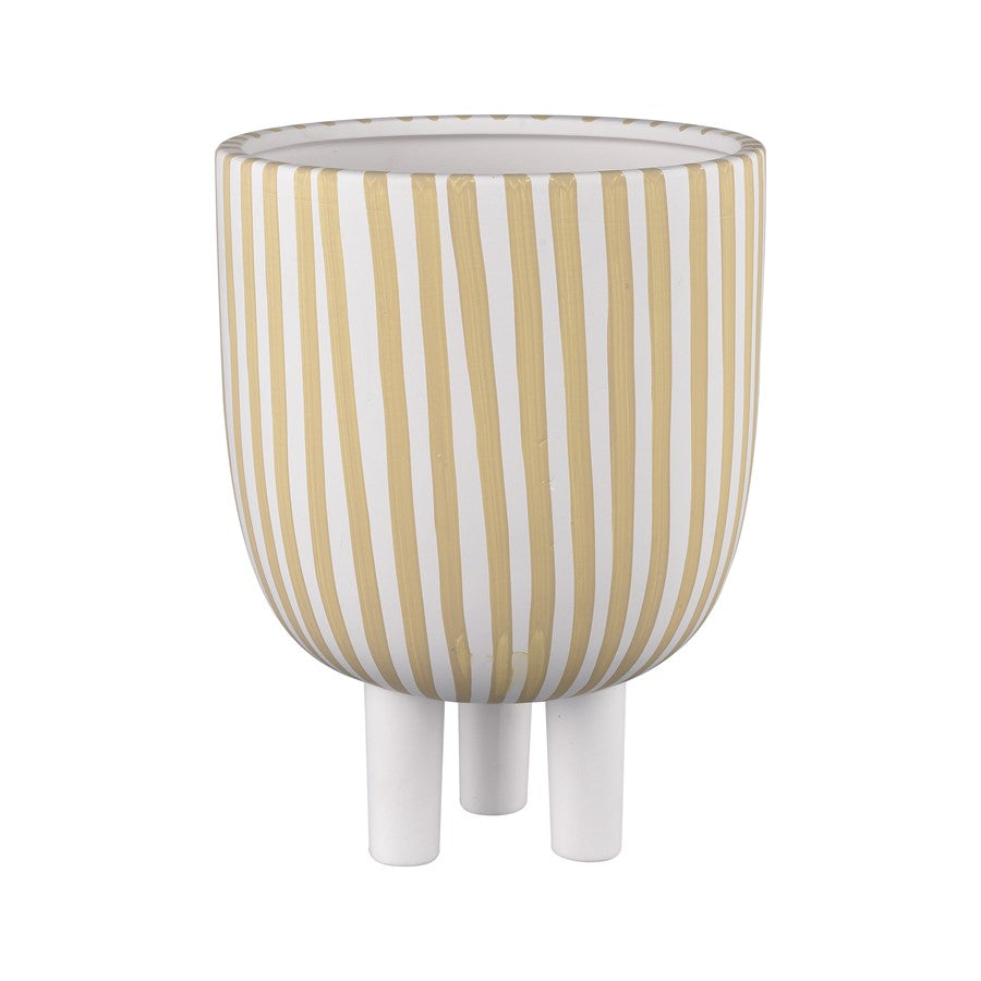 Atlas Lighting Booth Striped Vase | Modern White & Beige Earthenware | Living Room & Entryway Decor | 8 x 8 x 10.25 in | Model AC11114-01