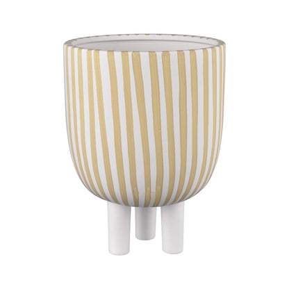 Atlas Lighting Booth Striped Vase | Modern White & Beige Earthenware | Living Room & Entryway Decor | 8 x 8 x 10.25 in | Model AC11114-01