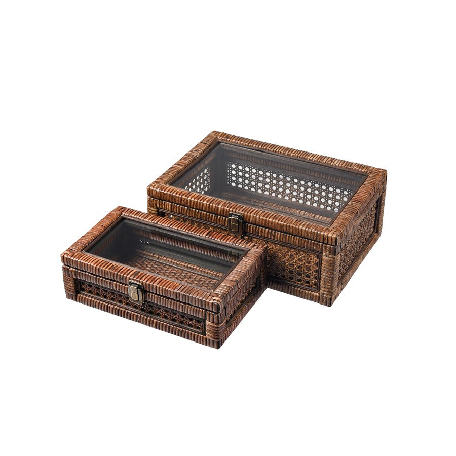 Atlas Lighting Bowman Box Set of 2 | Transitional Rich Brown Woven Rattan & Clear Glass | Shelf & Console Storage | Model AC11117-01S