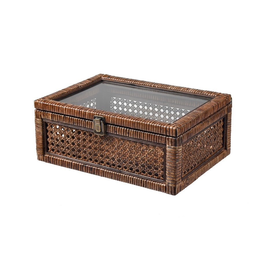 Atlas Lighting Bowman Box Set of 2 | Transitional Rich Brown Woven Rattan & Clear Glass | Shelf & Console Storage | Model AC11117-01S