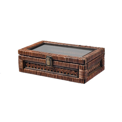 Atlas Lighting Bowman Box Set of 2 | Transitional Rich Brown Woven Rattan & Clear Glass | Shelf & Console Storage | Model AC11117-01S