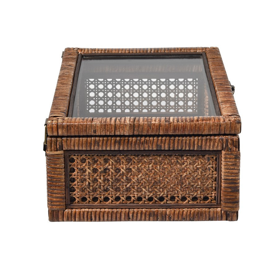 Atlas Lighting Bowman Box Set of 2 | Transitional Rich Brown Woven Rattan & Clear Glass | Shelf & Console Storage | Model AC11117-01S