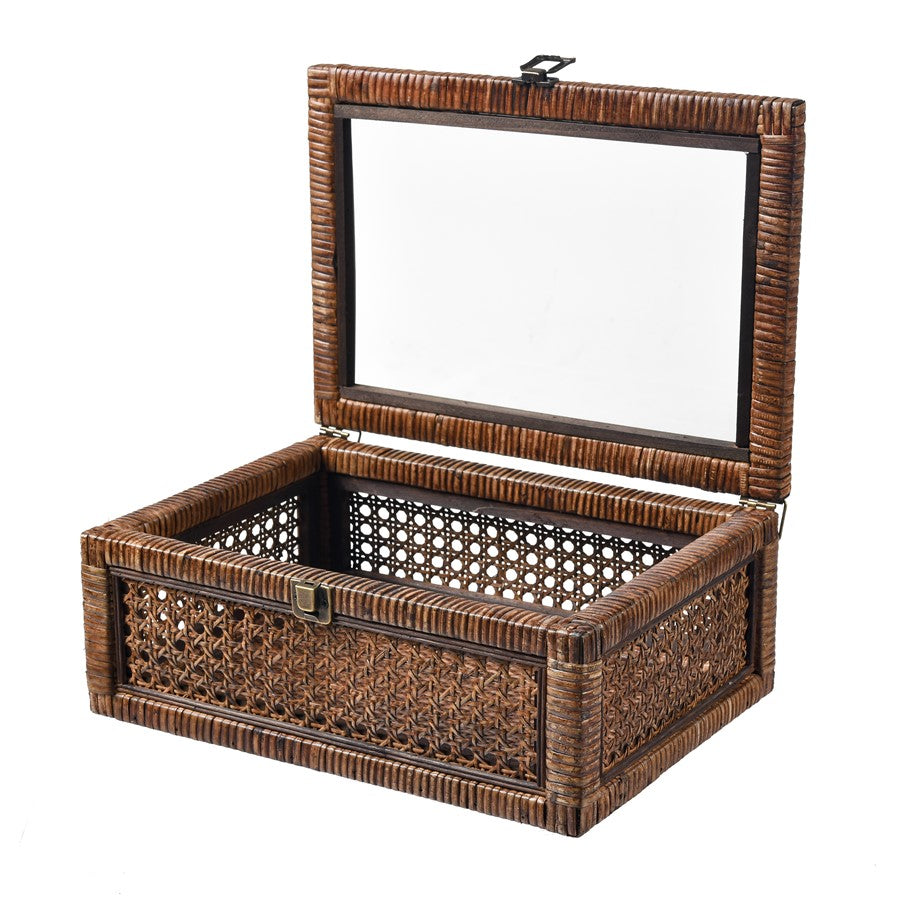 Atlas Lighting Bowman Box Set of 2 | Transitional Rich Brown Woven Rattan & Clear Glass | Shelf & Console Storage | Model AC11117-01S