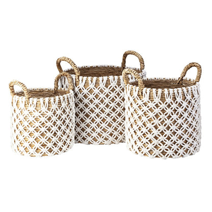 Atlas Lighting Bradley Set of 3 Banana Leaf Baskets | Natural Woven Storage with White Rope | Living Room & Nursery Decor | Model AC11120-01S