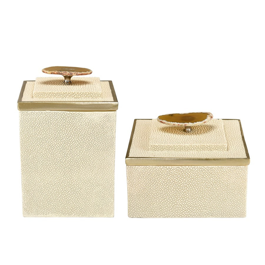 Atlas Lighting Brenner Set of 2 Ivory Faux Shagreen Boxes | Champagne Metal Trim & Agate Handles | Living Room & Bedroom Storage | Model AC11129-01S