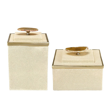 Atlas Lighting Brenner Set of 2 Ivory Faux Shagreen Boxes | Champagne Metal Trim & Agate Handles | Living Room & Bedroom Storage | Model AC11129-01S
