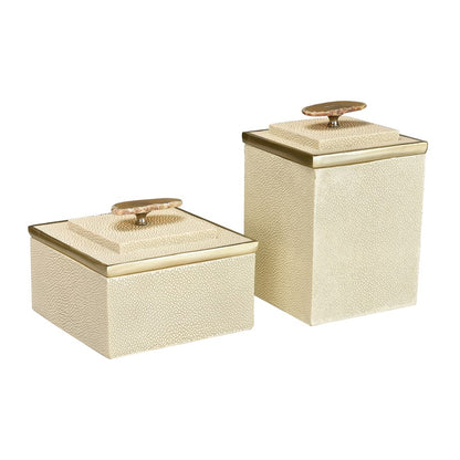 Atlas Lighting Brenner Set of 2 Ivory Faux Shagreen Boxes | Champagne Metal Trim & Agate Handles | Living Room & Bedroom Storage | Model AC11129-01S