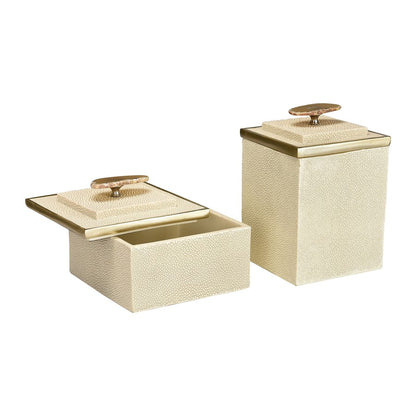 Atlas Lighting Brenner Set of 2 Ivory Faux Shagreen Boxes | Champagne Metal Trim & Agate Handles | Living Room & Bedroom Storage | Model AC11129-01S
