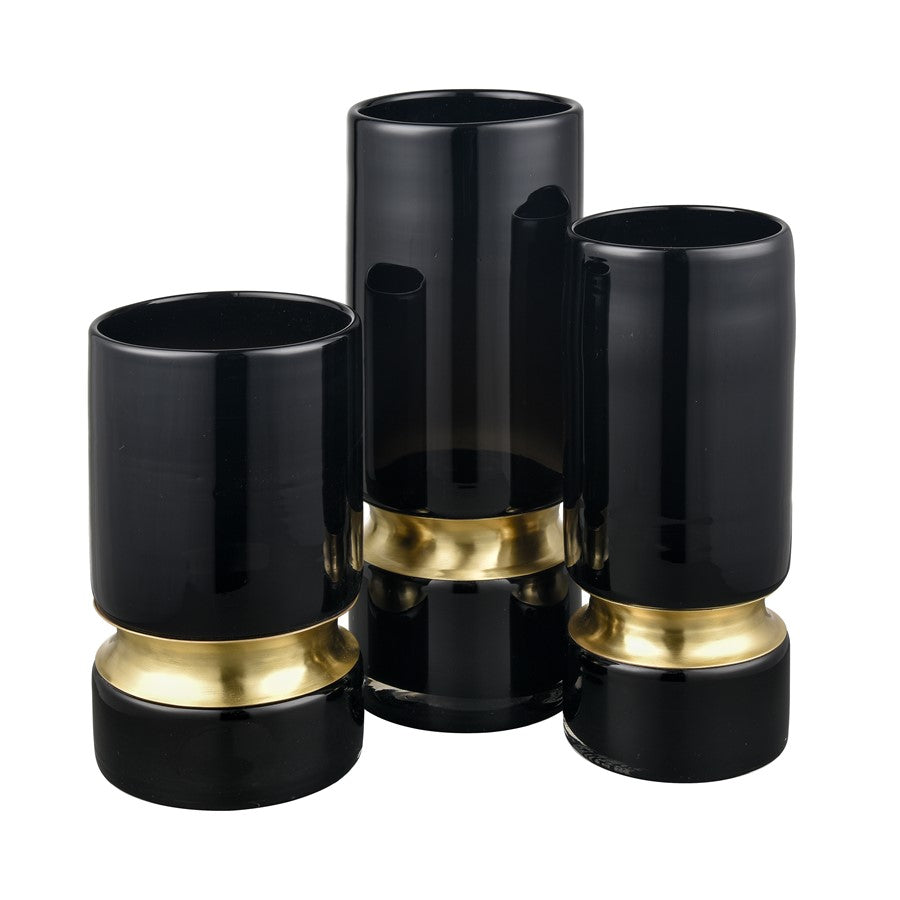 Atlas Lighting Brooke Small Vase | Black Glass with Brass Metal Base | Transitional Tabletop & Shelf Decor | 5 x 5 x 9 in | Model AC11138-01