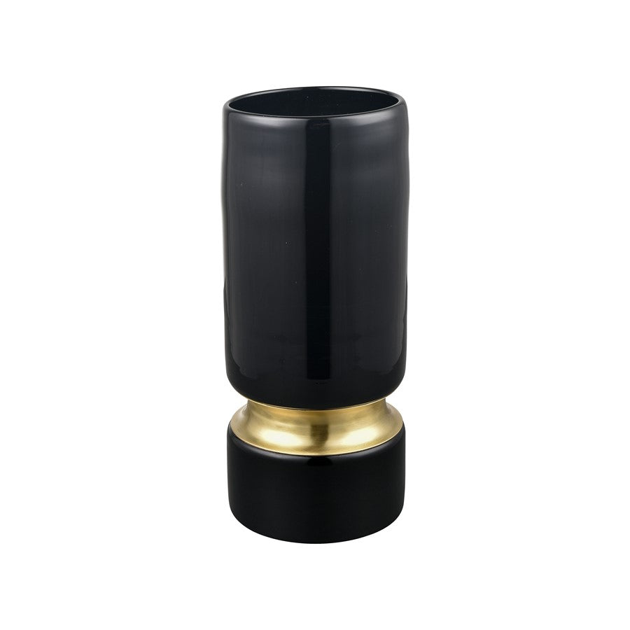 Atlas Lighting Brooke Medium Vase | Black Glass with Brass Metal Ring | Living Room & Entryway Decor | 4.75 x 4.75 x 10.75 in | Model AC11138-02