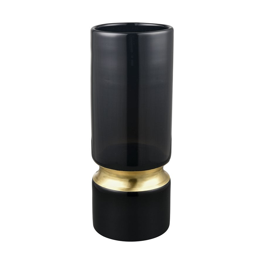 Atlas Lighting Brooke Large Vase | Black Glass with Brass Metal Ring | Living Room & Entryway Decor | 5 x 5 x 13.25 in | Model AC11138-03