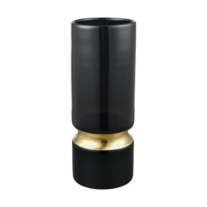 Atlas Lighting Brooke Large Vase | Black Glass with Brass Metal Ring | Living Room & Entryway Decor | 5 x 5 x 13.25 in | Model AC11138-03