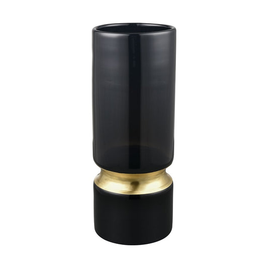 Atlas Lighting Brooke Large Vase | Black Glass with Brass Metal Ring | Living Room & Entryway Decor | 5 x 5 x 13.25 in | Model AC11138-03