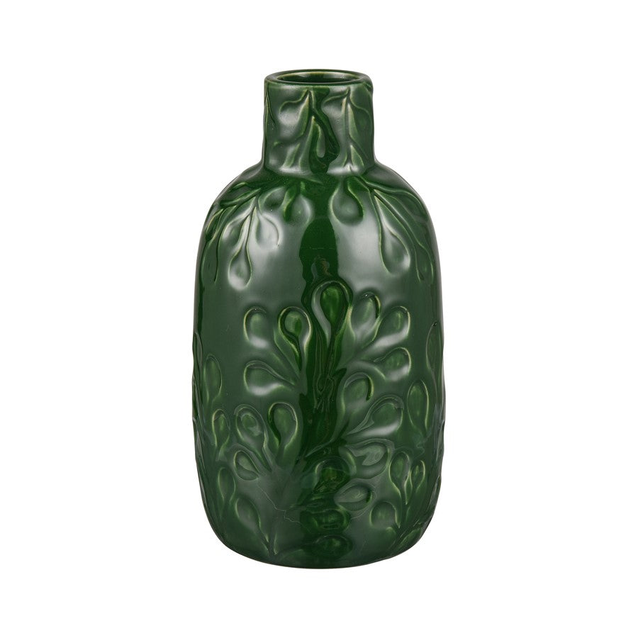 Atlas Lighting Broome Small Vase | Dark Green Earthenware with Leaf Pattern | Living Room & Entryway Decor | 4.25 x 4.25 x 8.25 in | Model AC11140-01