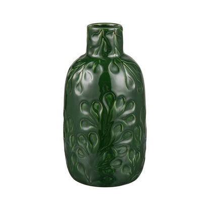 Atlas Lighting Broome Small Vase | Dark Green Earthenware with Leaf Pattern | Living Room & Entryway Decor | 4.25 x 4.25 x 8.25 in | Model AC11140-01