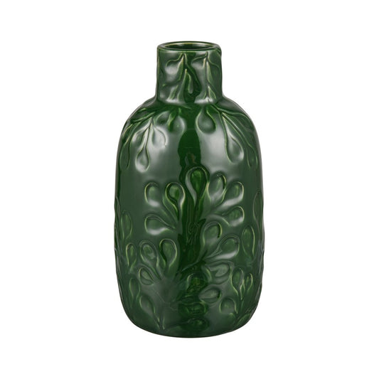 Atlas Lighting Broome Small Vase | Dark Green Earthenware with Leaf Pattern | Living Room & Entryway Decor | 4.25 x 4.25 x 8.25 in | Model AC11140-01