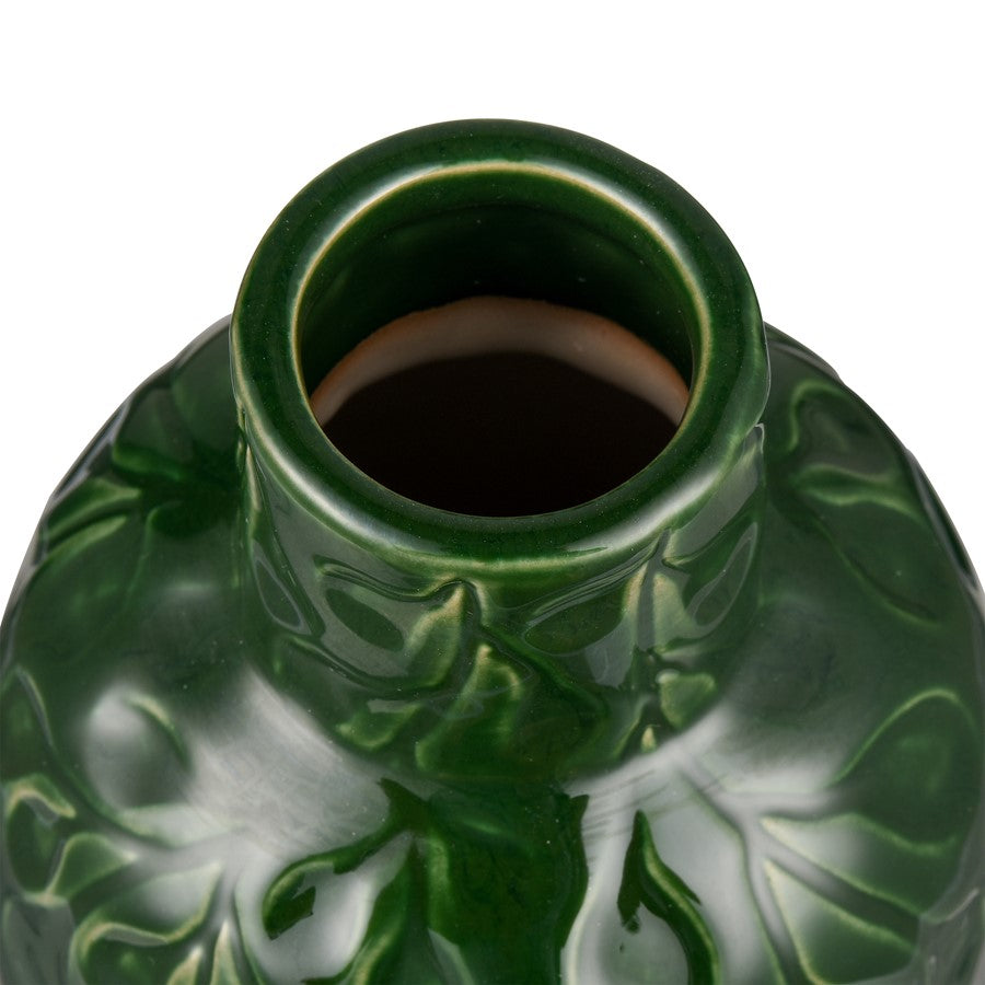 Atlas Lighting Broome Small Vase | Dark Green Earthenware with Leaf Pattern | Living Room & Entryway Decor | 4.25 x 4.25 x 8.25 in | Model AC11140-01