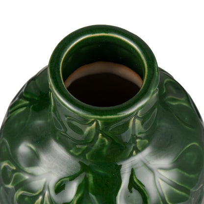 Atlas Lighting Broome Small Vase | Dark Green Earthenware with Leaf Pattern | Living Room & Entryway Decor | 4.25 x 4.25 x 8.25 in | Model AC11140-01